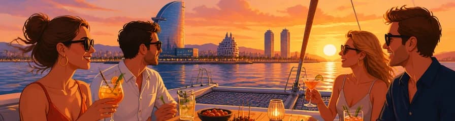 Paseo en catamarán de lujo al atardecer en Barcelona con cócteles y tapas
