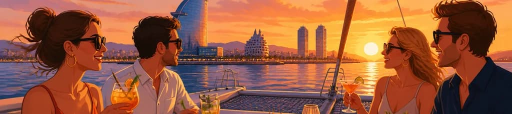 Paseo en catamarán de lujo al atardecer en Barcelona con cócteles y tapas