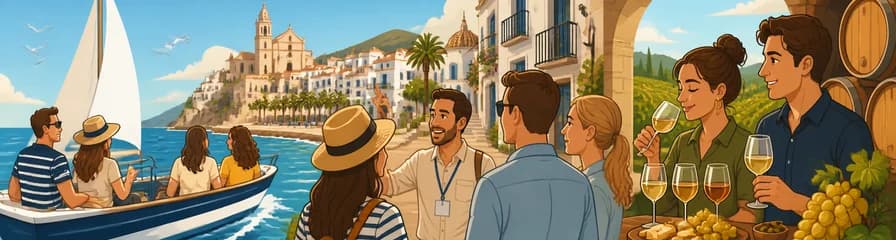 Experiencia completa en Sitges: Paseo en barco, recorrido a pie y visita a bodega