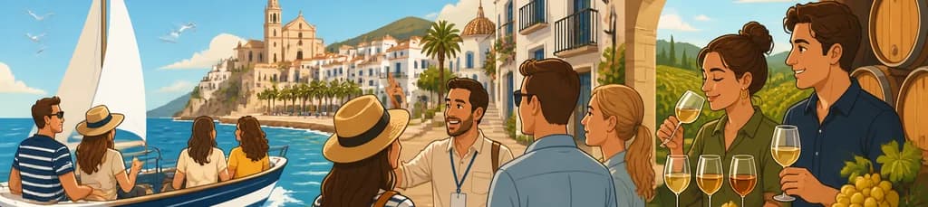 Experiencia completa en Sitges: Paseo en barco, recorrido a pie y visita a bodega