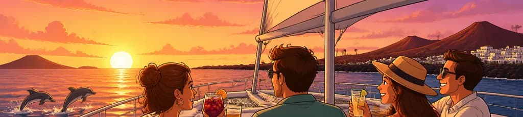 Crucero en catamarán al atardecer en Lanzarote con traslados, aperitivos y bebida