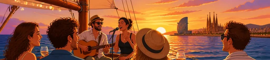 Música en vivo y navegación al atardecer en Barcelona