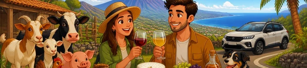 Aventura en coche privado por Tenerife: visita a una granja de animales con degustación de queso y vino canario