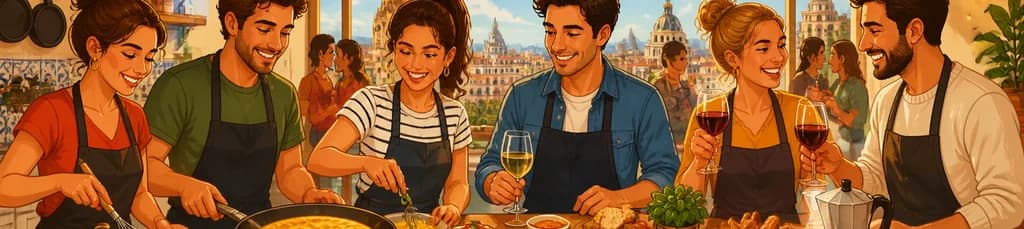 Taller de cocina española en Madrid con preparación de tortilla y brunch ilimitado de vino