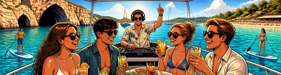 Travesía en barco para adultos de 5 horas por Ibiza con almuerzo, 6 bebidas, tablas de SUP y DJ