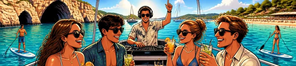 Travesía en barco para adultos de 5 horas por Ibiza con almuerzo, 6 bebidas, tablas de SUP y DJ