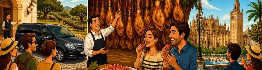 Ruta guiada por un secadero de jamón ibérico y Sevilla con recogida en hotel