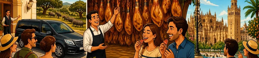 Ruta guiada por un secadero de jamón ibérico y Sevilla con recogida en hotel