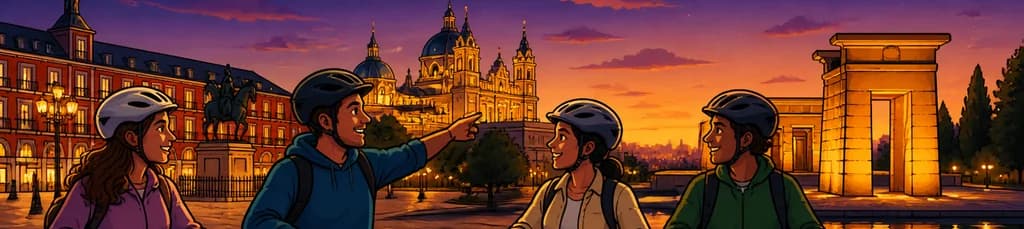 Recorrido en bicicleta eléctrica: Madrid bajo las luces del atardecer y la noche