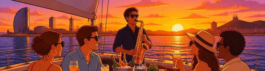 Navegación privada al atardecer en Barcelona con saxofón en vivo y barra libre