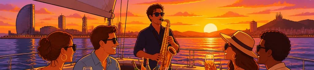 Navegación privada al atardecer en Barcelona con saxofón en vivo y barra libre