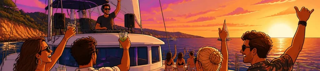 Experiencia de atardecer en catamarán desde Lloret de Mar con música de DJ y bebidas