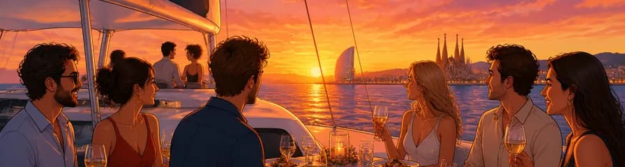Recorrido en catamarán al atardecer con cena para grupos pequeños en Barcelona