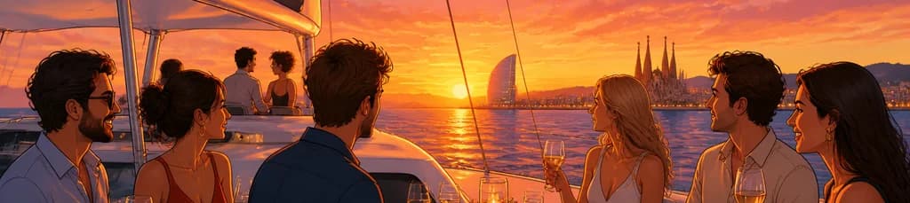 Recorrido en catamarán al atardecer con cena para grupos pequeños en Barcelona