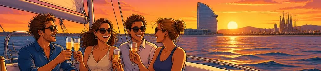 Paseo en velero privado de 2 horas al atardecer en Barcelona con bebidas y aperitivos