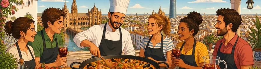 Clase de cocina de paella en Sevilla y tour panorámico por la azotea