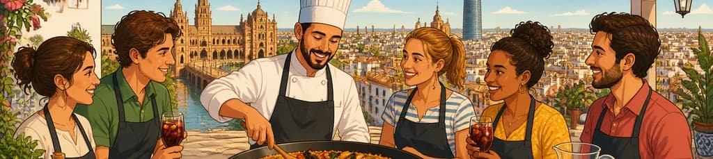 Clase de cocina de paella en Sevilla y tour panorámico por la azotea