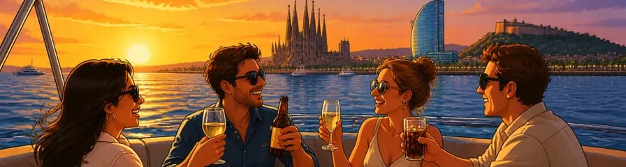 Experiencia de navegación al atardecer en Barcelona con aperitivos y bebidas