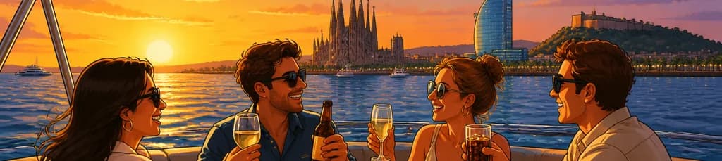 Experiencia de navegación al atardecer en Barcelona con aperitivos y bebidas