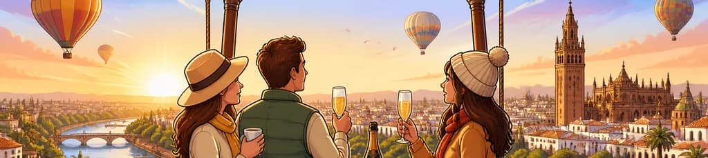Experiencia en globo aerostático sobre Sevilla: amanecer, desayuno, cava y traslado incluido