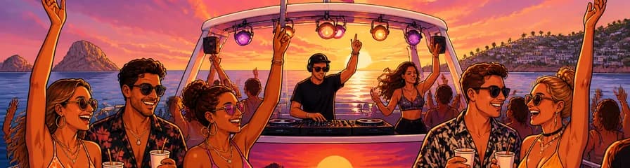 Fiesta en barco al atardecer en Ibiza con bebidas, actuaciones en vivo, DJ y bailarines