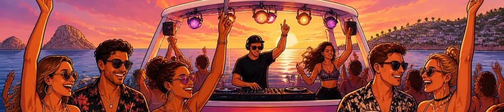 Fiesta en barco al atardecer en Ibiza con bebidas, actuaciones en vivo, DJ y bailarines