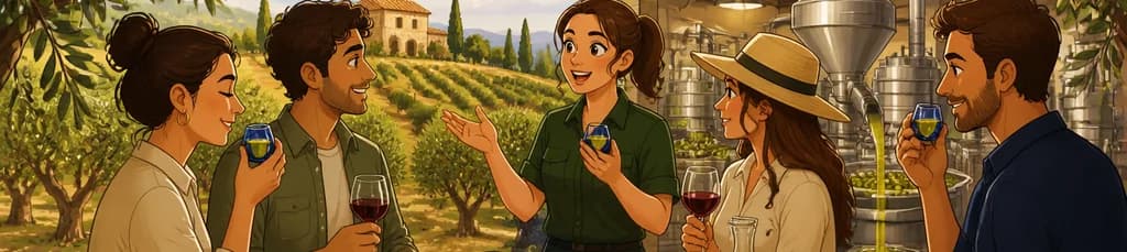 Cata de aceite y vino, recorrido por el olivar y aperitivo en Treurer