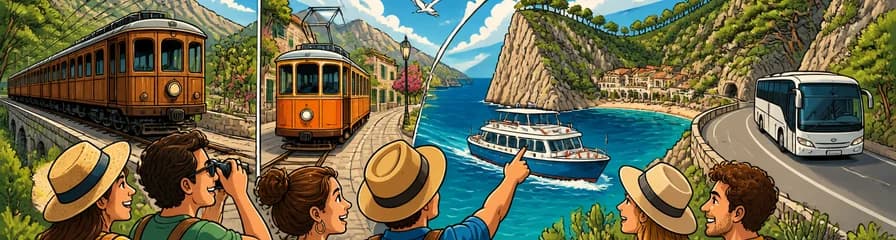 Excursión insular desde Cala Millor con múltiples medios de transporte: tren, tranvía, barco y autobús
