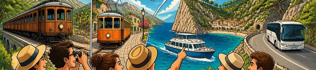 Excursión insular desde Cala Millor con múltiples medios de transporte: tren, tranvía, barco y autobús