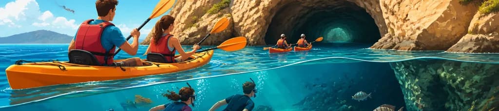 Recorrido de kayak y buceo por la Cova Tallada de Dénia, con exploración de cuevas marinas