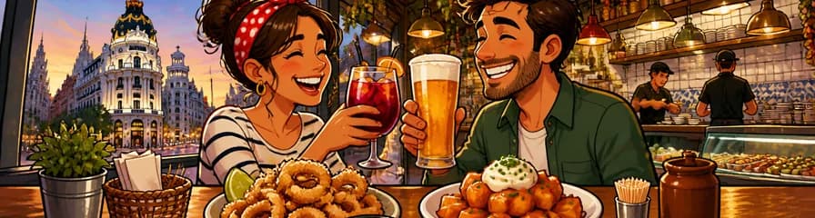 Un auténtico aperitivo madrileño para dos en la Gran Vía: calamares, bravas y dos bebidas en Mercado de la Reina 12
