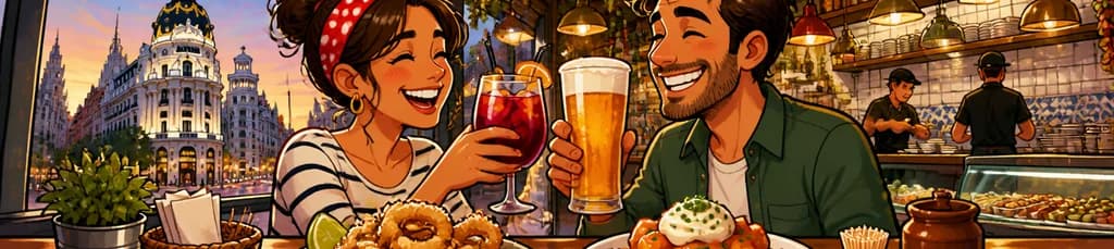 Un auténtico aperitivo madrileño para dos en la Gran Vía: calamares, bravas y dos bebidas en Mercado de la Reina 12