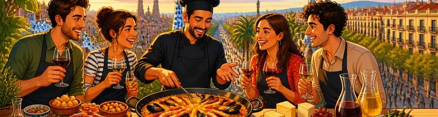 Experiencia Premium de Paella y Tapas: Vino Ilimitado y Panorámicas de La Rambla