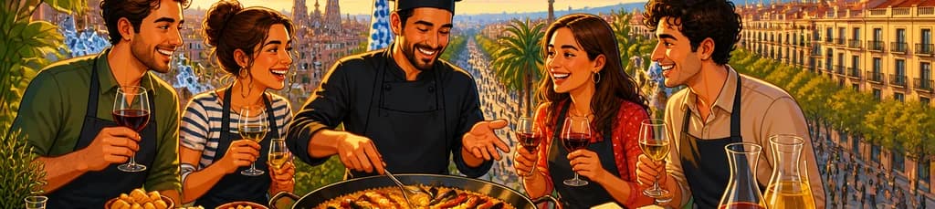 Experiencia Premium de Paella y Tapas: Vino Ilimitado y Panorámicas de La Rambla