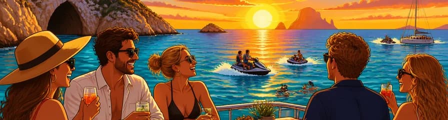 Aventura en el mar: crucero al atardecer por Ibiza con tapas, bebidas y motos acuáticas