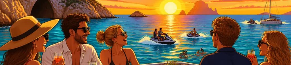 Aventura en el mar: crucero al atardecer por Ibiza con tapas, bebidas y motos acuáticas