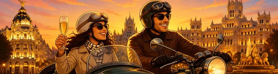 Aventura privada de 2 horas en sidecar al atardecer: la "Hora Dorada" de Madrid
