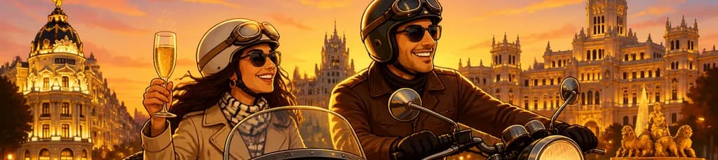 Aventura privada de 2 horas en sidecar al atardecer: la "Hora Dorada" de Madrid