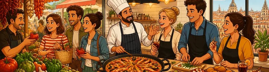 Taller culinario de paella y tapas en Madrid, con visita guiada a un mercado local