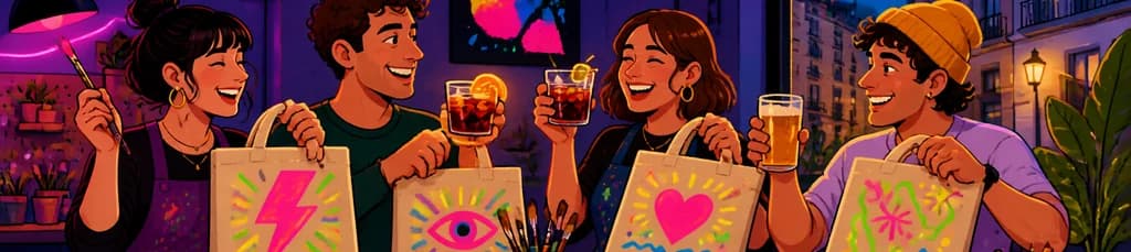 Taller de pintura neón en tote bags y aperitivo en Malasaña: El Vermut Creativo de Madrid