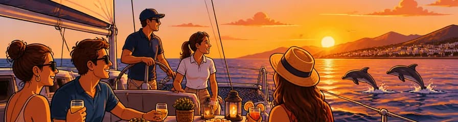 Experimenta la puesta de sol en Manilva: paseo en catamarán de 2,5 horas con tapas y bebida de bienvenida, posible avistamiento de delfines
