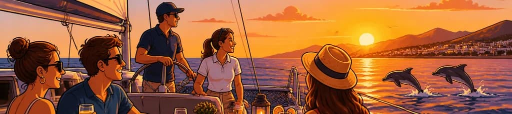 Experimenta la puesta de sol en Manilva: paseo en catamarán de 2,5 horas con tapas y bebida de bienvenida, posible avistamiento de delfines