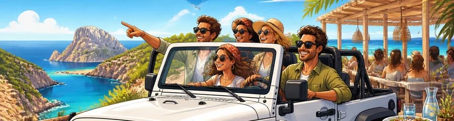 Aventura exclusiva en jeep Wrangler por Ibiza con almuerzo en restaurante de playa
