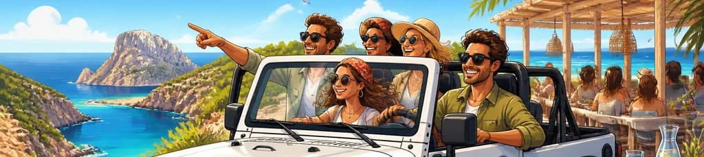 Aventura exclusiva en jeep Wrangler por Ibiza con almuerzo en restaurante de playa