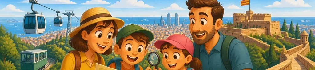 Recorrido familiar por Montjuïc en Barcelona con teleférico y un mapa de aventura