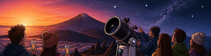 Observación estelar con telescopio de 20 pulgadas y atardecer en el Teide