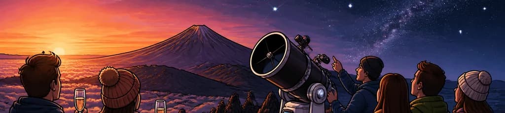 Observación estelar con telescopio de 20 pulgadas y atardecer en el Teide