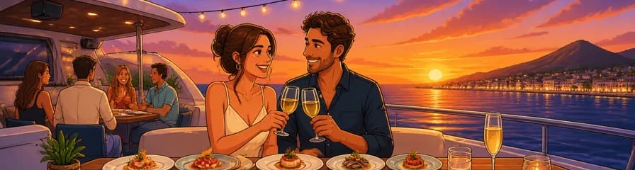 Experiencia culinaria al atardecer en barco por Benalmádena con menú degustación de 8 platos