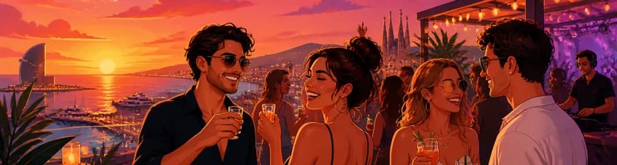 Entrada VIP a la fiesta en la azotea al atardecer en un bar y club de playa de Barcelona