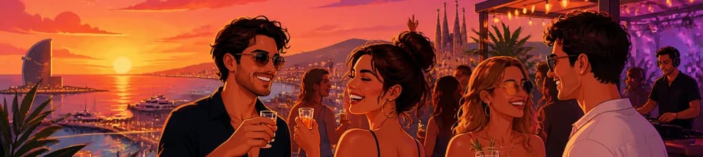Entrada VIP a la fiesta en la azotea al atardecer en un bar y club de playa de Barcelona